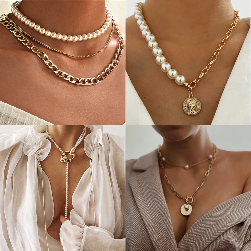 Bohemian Multi-Layered Long Pearl Necklace Punk Hip Hop Portrait Coin Pendant Choker Necklace Collar Chain Statement Jewelry