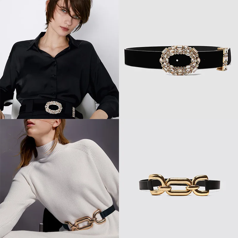 ZA новые винтажные Модные металлические кожаные ремни для женщин аксессуары геометрический пояс рождественские подарки оптом