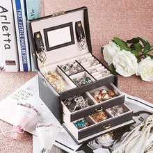 

Hot High Quality Pu Leather Jewelry Box Trendy Luxury Three-Layer Double Drawer Jewelry Box Stud Earrings Rings Jewelry Box