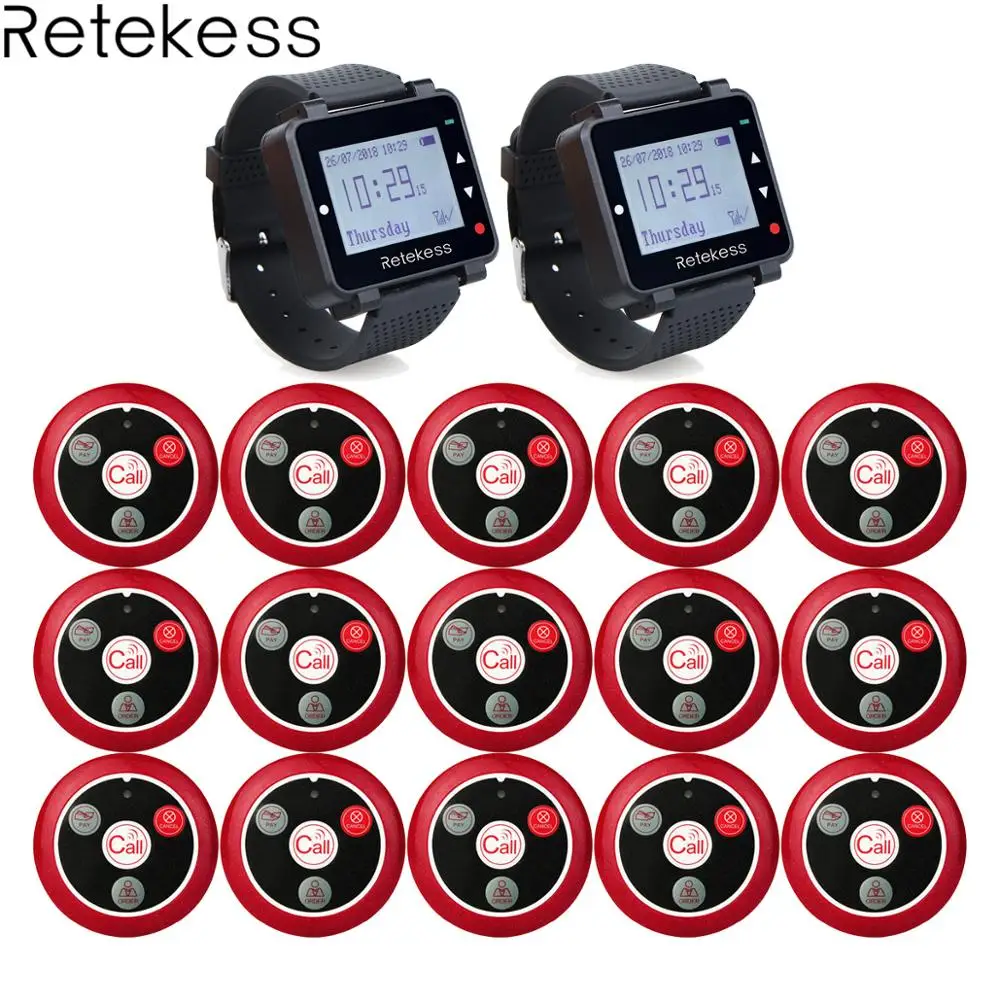

Retekess 433MHz Wireless Calling System Waiter Call Pager 2pcs Watch Receiver T128 + 15pcs Call Button T117 Restaurant Equipment