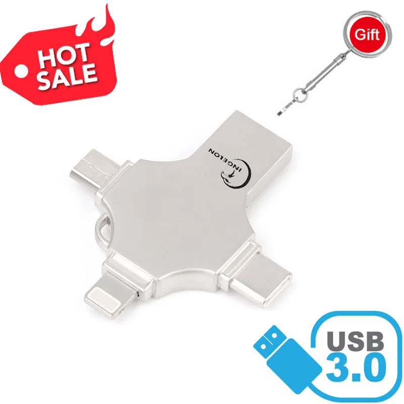 INGELON мини флешки 4 в 1 USB флэш-накопитель для iphone 64 Гб карта памяти OTG накопитель 3 0 256
