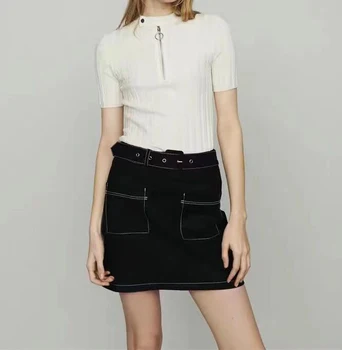 

Women Sweater 2019 Spring and Summer New Ring Zipper Slim Threaded Round Neck Short-sleeved Sweater Two-color