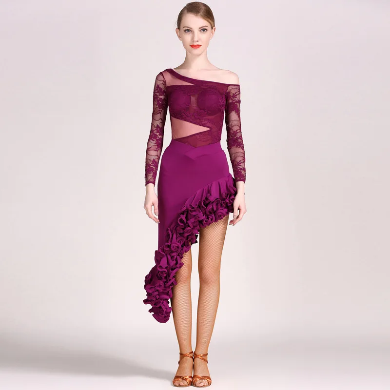 feecolor Silk and Nylon Adult long-sleeved Latin dance custom suit for women