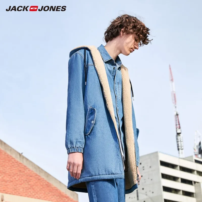 Мужская джинсовая куртка JackJones стильная средней длины с капюшоном из берберского