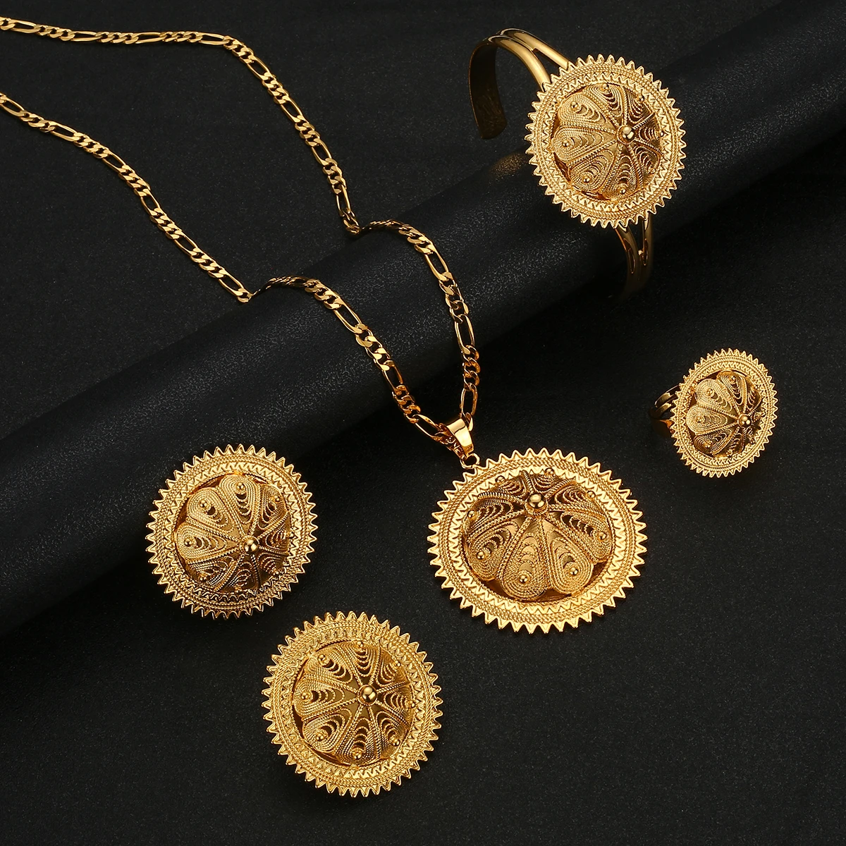 Ethiopian Habesha Jewelry Set | Gold Color Necklace, Earrings & Ring Set With Rhinestones - View #13