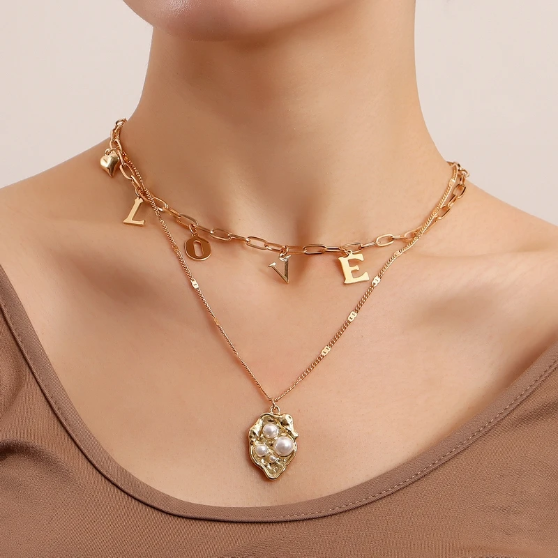 Collar colgante de corazón para mujer, de perlas con letras doradas, collares con borlas de amor, joyería para mujer - Joyería y accesorios