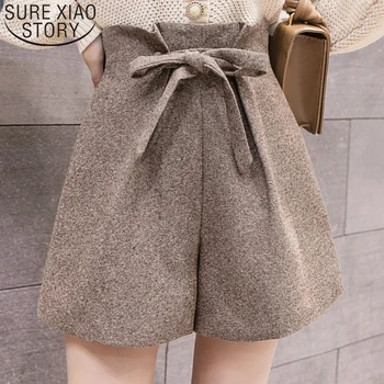 

Woolen Shorts women 2019 Korean Lace-Up High Waist Wide Leg Shorts Ladies Elegant Autumn Winter Women Shorts solid bow 7640 50
