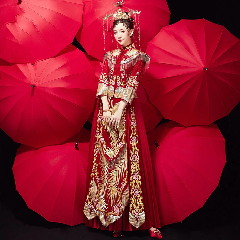 Полный Длина китайский стиль Cheongsam для женщин Красный винтажный праздничный костюм Феникс благородный Qipao вышивка длинное свадебное платье невесты