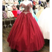 Роскошные пышные платья с бисером и кристаллами, с открытыми плечами, бордовые тюлевые пышные вечерние платье для выпускного вечера de 15 anos