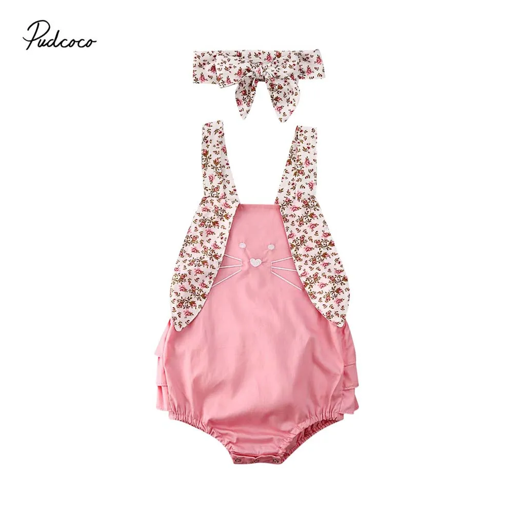 

2020 Easter Cute 0-24M Newborn Baby Girls Sleeveless Floral Bunny 3D Ears Ruffle Backless Romper Headband Outfit Summer Playsuit