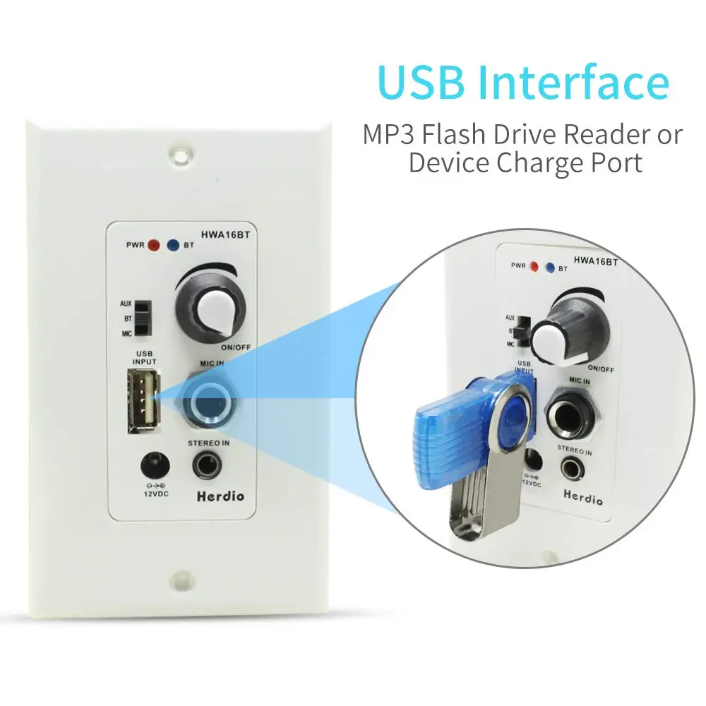 USB Charging Port New Wall Plate Amplifier Sound Control W//Aux /& Microphone In