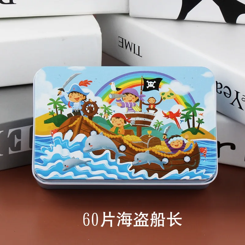 60 Pieces/Set Cartoon Story 3D Wooden Puzzle Jigsaw Early Educational Toys For Children Kids Christmas Gift With Iron Box Gift - Цвет: Design19