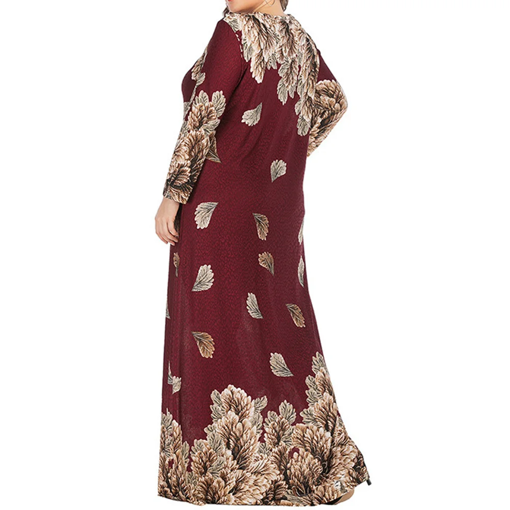 Abaya Jilbab Muslim Maxi Dress Foral Print Red Plus Size Kaftan Long Dress Vintage Fashion Islamic Clothings Long Robe 5XL