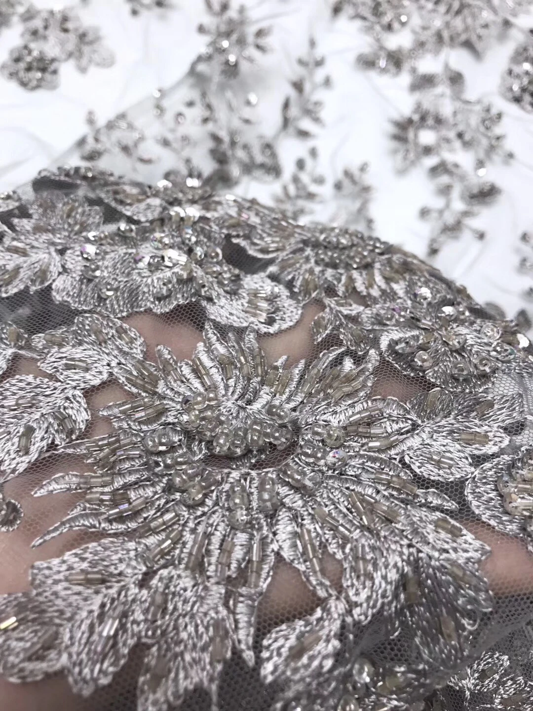 Upscale Hand Work Beads African French Lace Fabric Latest High Quality Nigerian Mesh Tulle Lace Fabric For Wedding KJY9048