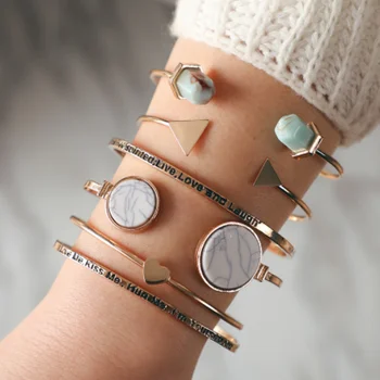

6PCS/Set Bohemia Opal Stone Heart Triangle Resin Letter Opening Bracelets Charm Gold Alloy Bangle Jewelry for Women