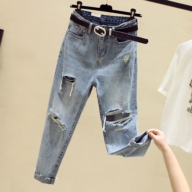 

New Arrival Women Ripped Jeans Loose Denim Street Style High Waist Straight Leg Jeans 5XL Plus Size Ankle-Length Harem Pants