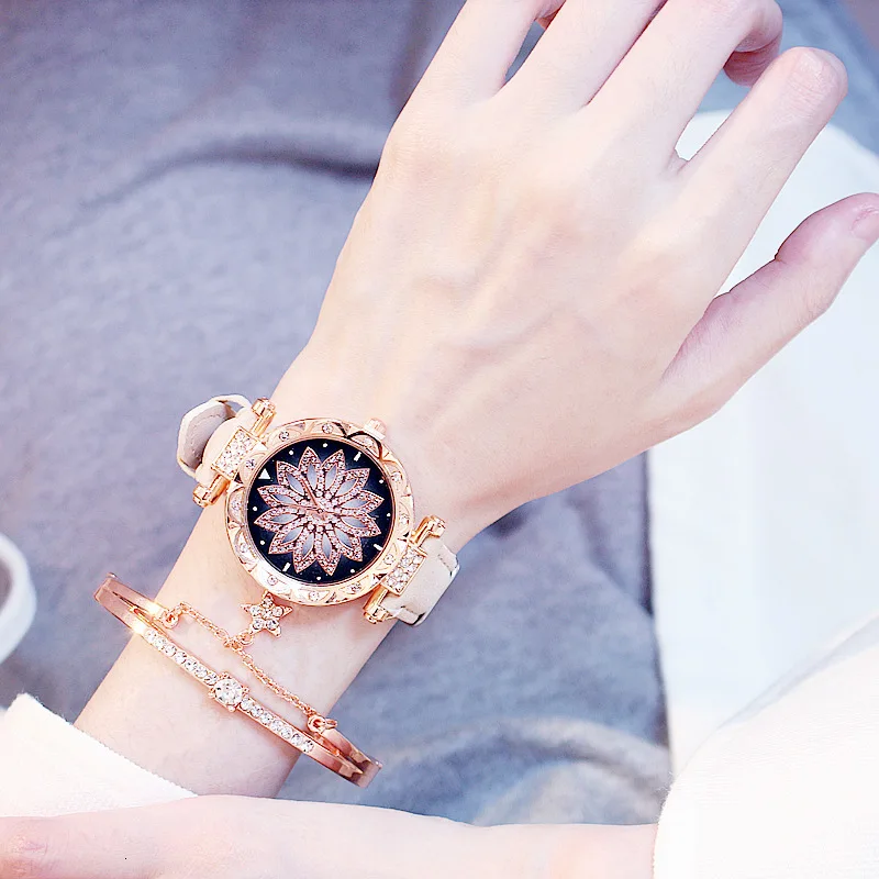 Лидер продаж, женские часы-браслет, набор, женские часы с цветами, повседневные кожаные кварцевые наручные часы, подарок, часы, Relogio Feminino