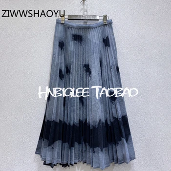 

ZIWWSHAOY Fashion Female Summer Tie-dye Denim Pleated Skirt Runway Designer Women High Waist Elegant Vintage Cotton Midi Skirts