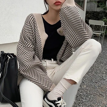 

Knitted Striped Cardigan Sweater Women Fashion Patchwork Top Spring 2020 Long Sleeve Casual Outwears V Neck Buttons Coat