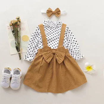 

Fashion Baby Girl Clothes Autumn Polka Dot Top Solid Color Strap Skirt Headband Three Piece Sets 12-48M