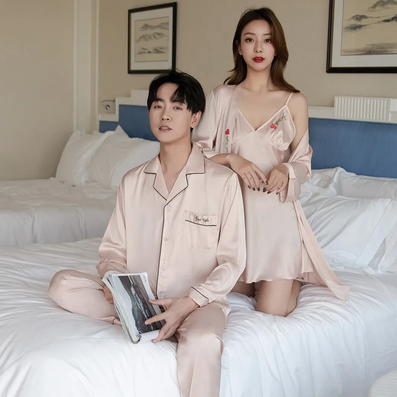Autumn Men Pajamas Set Ice Silk Long Sleeve V Neck Couple Lovers Pajamas 2pcs Plus Size M-3XL Leisure Loose Home Pyjamas Wedding