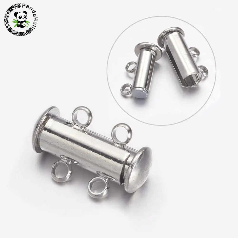 5sets 2-Strands Platinum Brass Slide Lock Clasps, 4-Holes,15x11.5x6mm, Hole: 2.5mm
