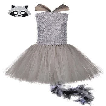 

Raccoon Animal Role Play Costume With Mask Girls Superhero Fox Birthday Tutu Dress and Long Feather Tail For Halloween Holidays