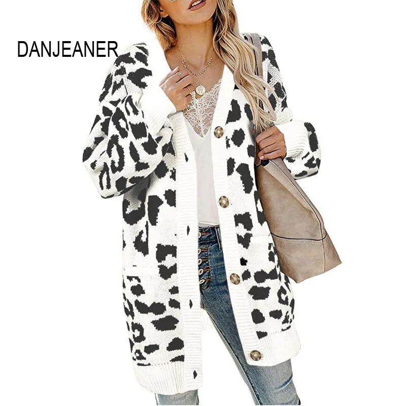 

DANJEANER V Neck Single Breasted Leopard Long Cardigan Coats Women Thick Casual Knitted Sweaters with Pockets Oversized Sweater