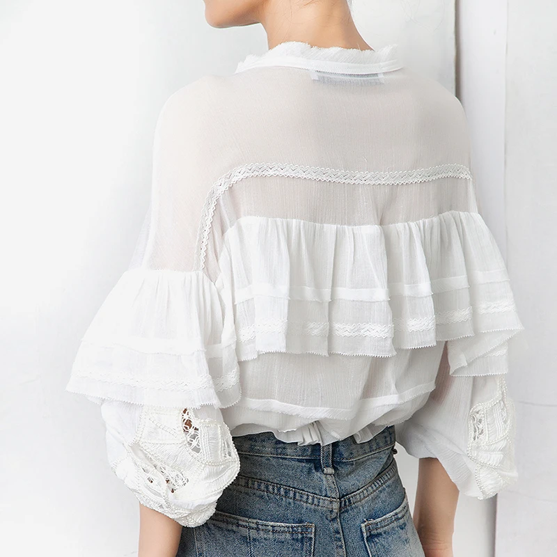 MIAOQING Ruffled patchwork shirt for women O cutouts with long sleeves and bow bandages for summer