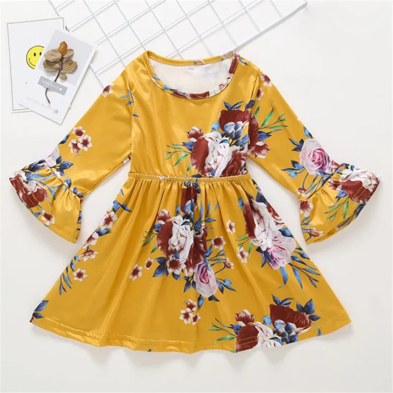 Желтый детское платье с цветочным принтом и длинным рукавом для девочек, для малышей, платье с О-образным вырезом, платье вечерние платья для маленьких девочек в возрасте от 3 лет