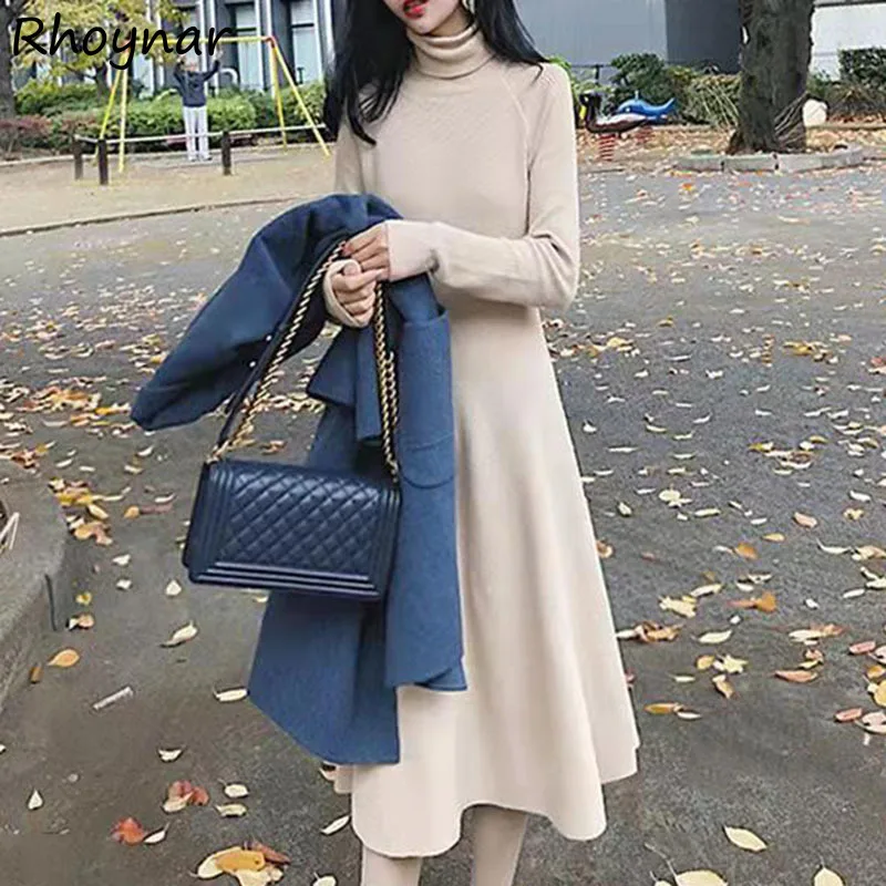 

Women Dress Long Sleeve A-line Inside Solid Elegant Turtleneck Vestidos Casual Korean Style Mid-calf Vintage Simple Femme Soft