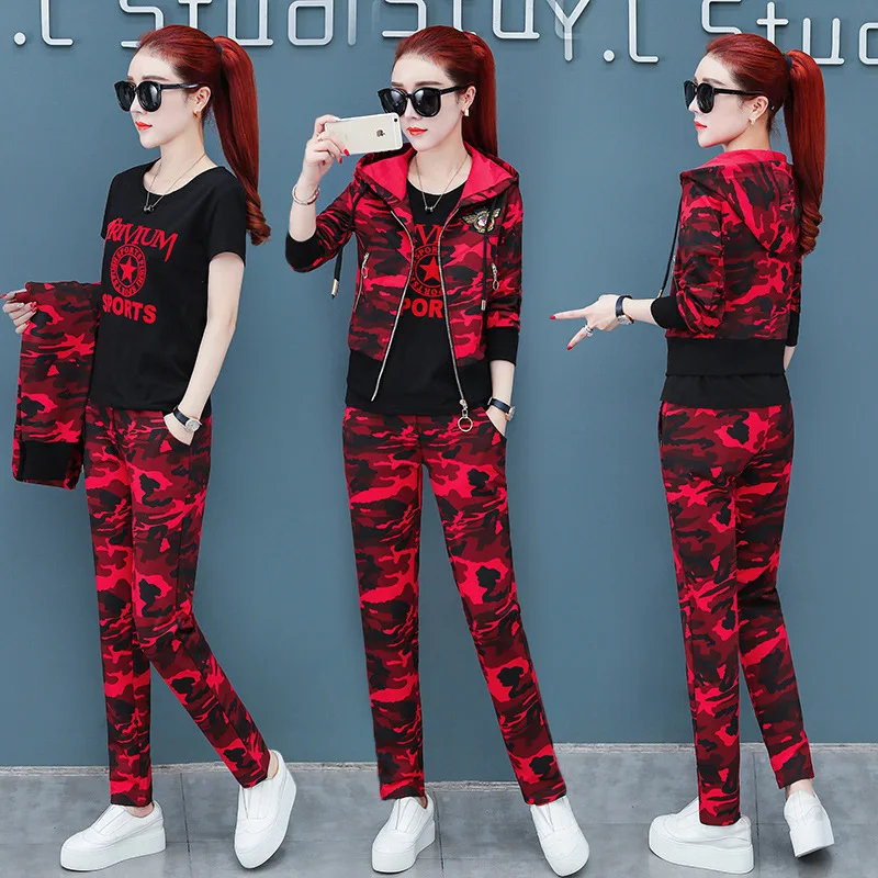 Camouflage Three Piece Set Tracksuit Women Zipper Tops+ T-shirt+ Pants Suit 3pcs Hoodies Sets Female Military Sporting Suits