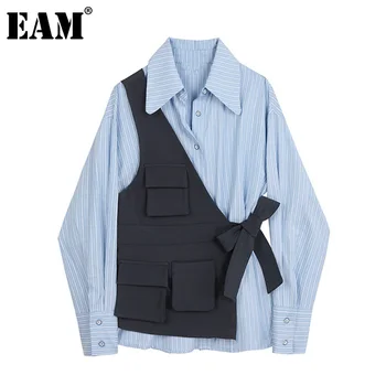 

[EAM] Women Blue Striped Irregular Big Size Blouse New Lapel Long Sleeve Loose Fit Shirt Fashion Tide Spring Autumn 2020 1Z062