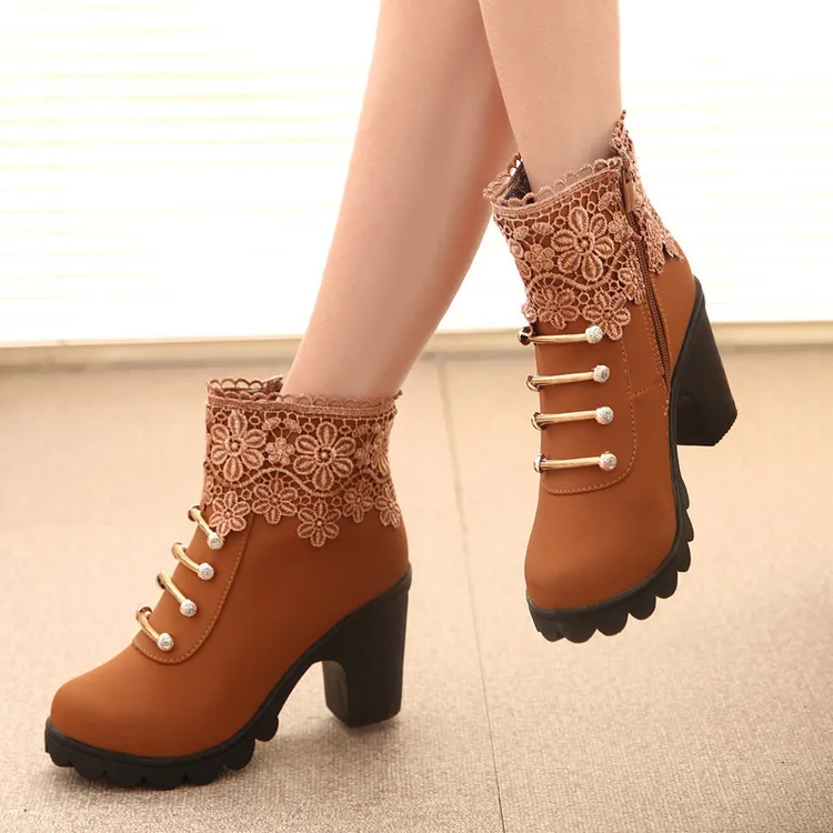 

Autumn And Winter 2017 New Style WOMEN'S High Heels Lace-up Man-made Diamond Short Boots Lace Tassels Anti-slip Martin Boots