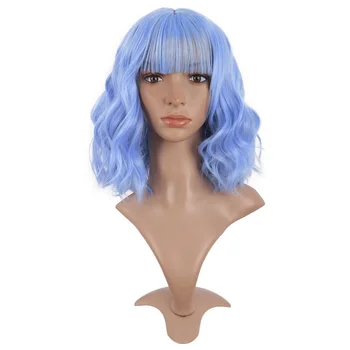 

MapofBeauty Bob Wig for Women Curly 14 Inch Purple Blue With Bang Cosplay Daily Use Natural Synthetic Hair