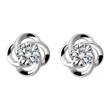 Silver Plated Earring for Women Clear CZ Lucky Clover Stud Earrings Girls Lady Gift Fine Jewelry