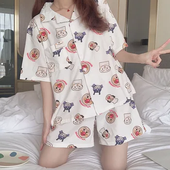

Summer Cartoon Bread Superman Cute Cotton Short Sleeve Shorts Cotton Couples Pajamas Tracksuit