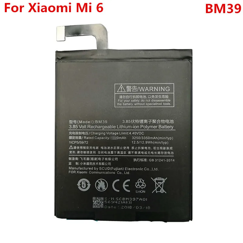 

Xiaomi6 Mi6 Original Battery For XIAOMI Mi 6 BM39 3250mAh Replacement 3.85V Lithium-ion Polymer Battery Repair Parts