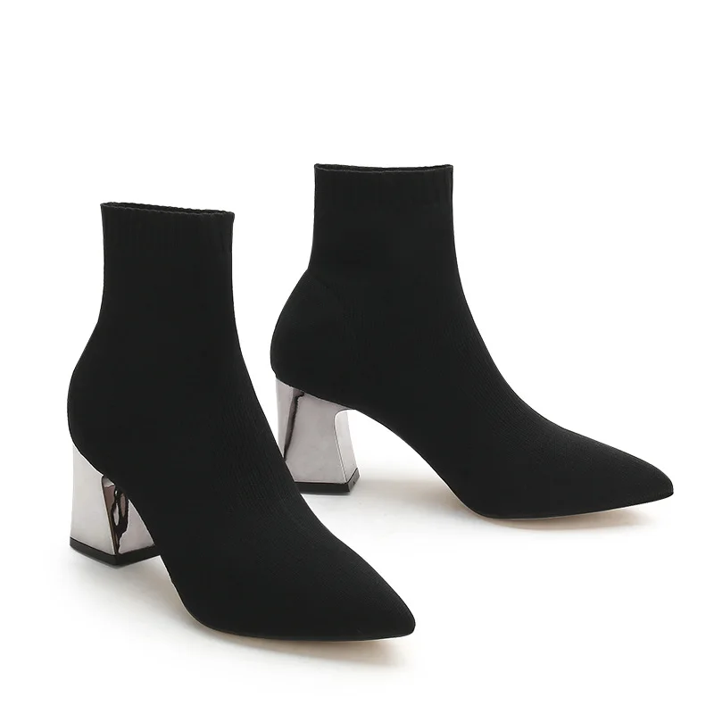 2019 Spring Autumn Socks Boots Pointed Shoes Woman Knit Elastic Martin Comfort Square High Heel Stretch Fabric Ankle | Обувь