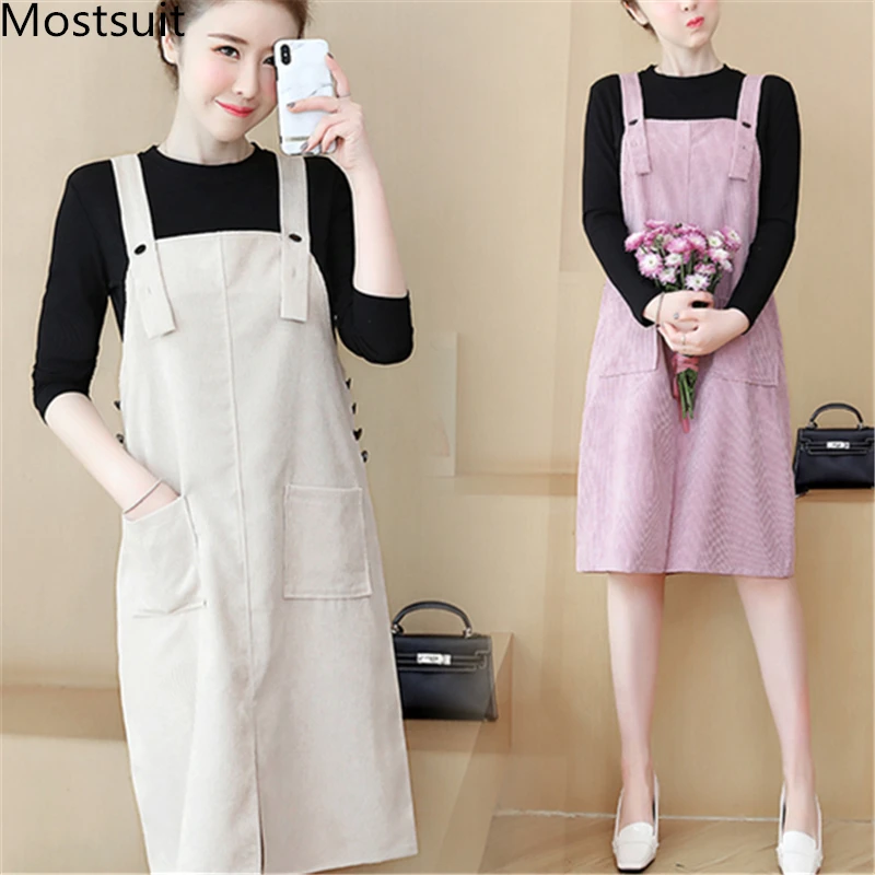 

2019 Autumn Two Piece Sets Outfits Women Plus Size Black Basic Tops And Corduroy Suspender Skirt Fashion Ladies Korean Sets Pink