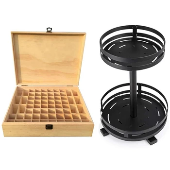 

1 Pcs 68-Grid Wooden Essential Oil Storage Box & 1 Pcs 2 Tiers Spice 360 Degrees Turntable Organizer Rotatable(Round)