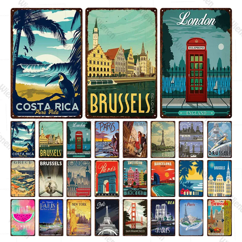 

Metal Tin Signs International City Cartoon Landscape Vintage Poster College Dorm Metal Plate Decoration Plaque Cafe Bar Wall Art