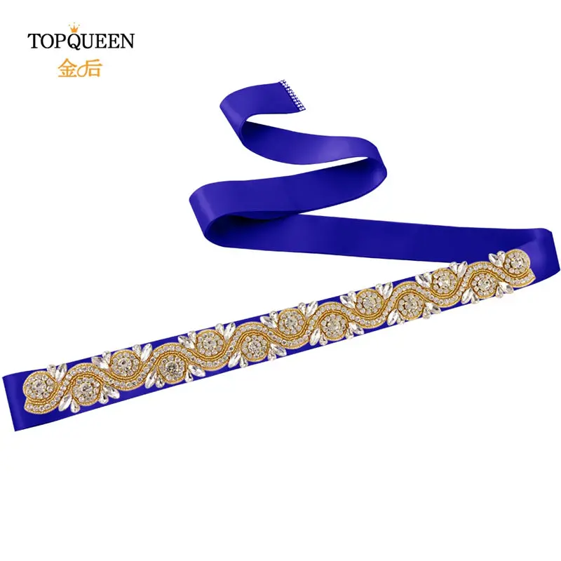 royal blue TOPQUEEN, S164-G, золотой пояс, Золотая лента для платья, золотые стразы, пояс для невесты, пояс для подружки невесты, коктейльное платье, пояс - Цвет: royal blue
