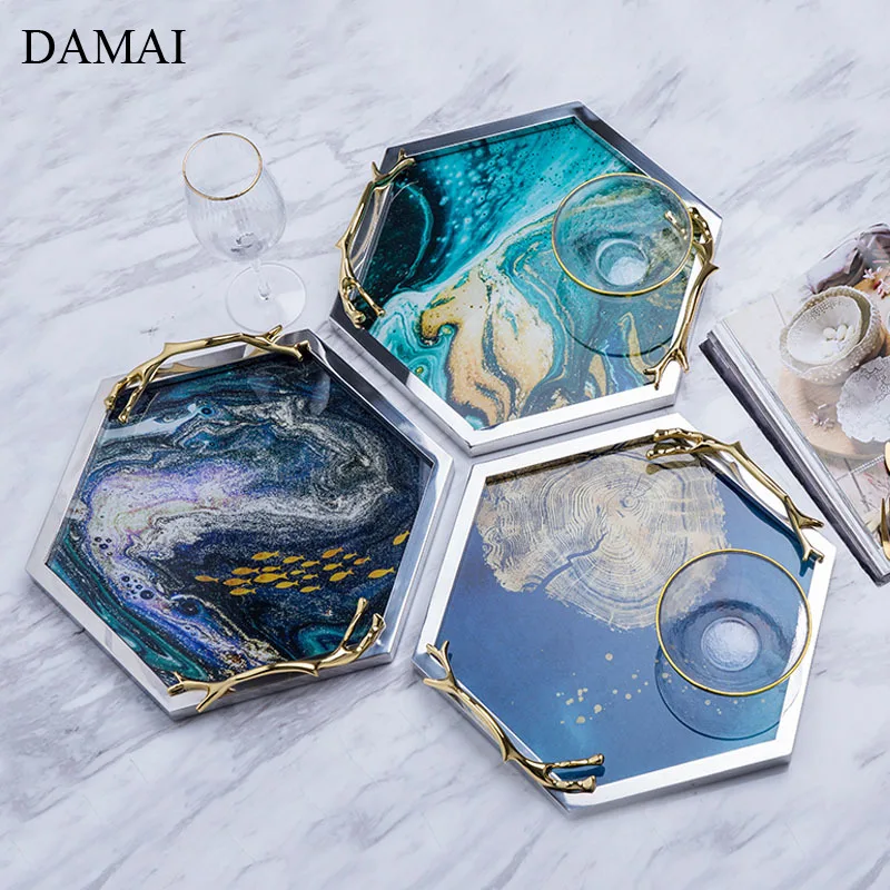 

Nordic Luxury Creativity Trays Decorative Quicksand Agate Texture Hexagon Necklace Jewelry Plates Living Room Decoration Tray