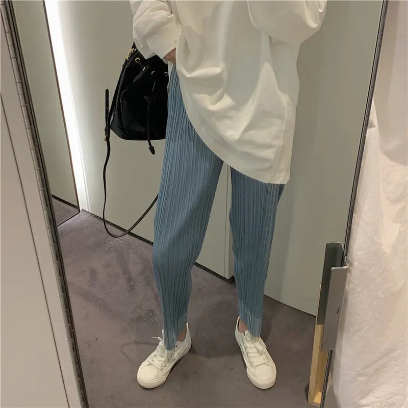 

Alien Kitty Loose Pleated Comfortable Sports Split Pants Solid Casual Elastic High Waist Women All-Match Ankle-Length Trousers