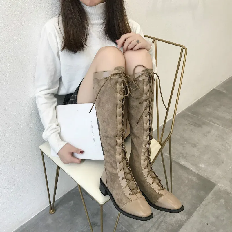 2019 women's knee-high boots fashion black lace up autumn shoes slim stretch fabric rubber sole solid female long high boot