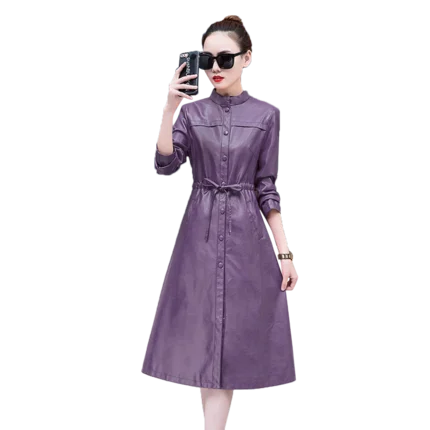 purple Длинная кожаная куртка женская весна осень мода новая темная Пряжка тонкая темпераментная Кожаная Куртка Tide H00254 - Цвет: purple