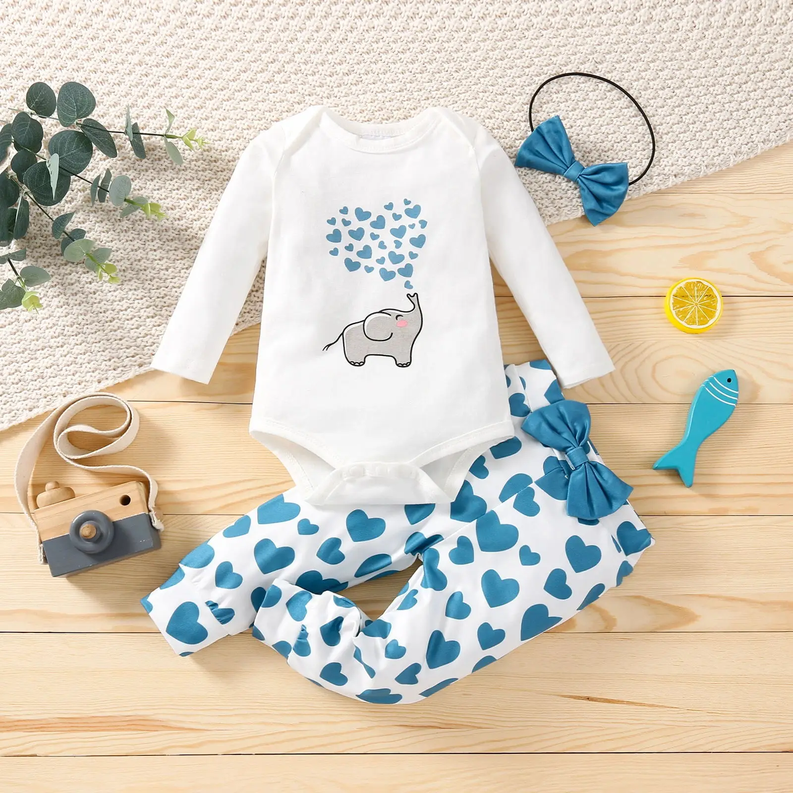 0 18M Newborn Infant Baby Girls Elephant Romper Tops Leggings Pant Headband Outfits Clothes Set