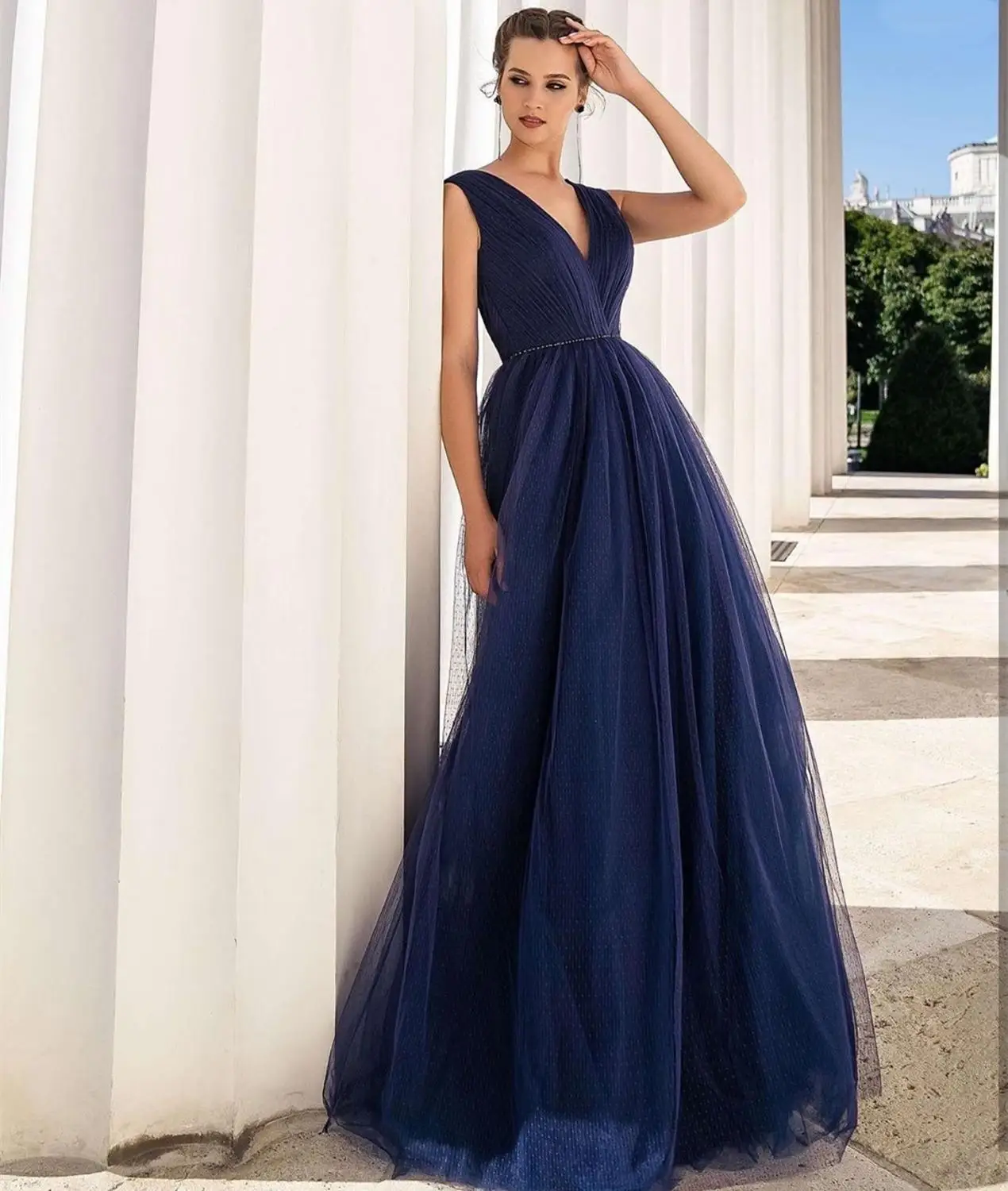 

Nave Blue Evening Dress A-Line 2020 V-Neck Court Train Party Dress Graceful Sleeveless Formal Women Elegant Brilliant