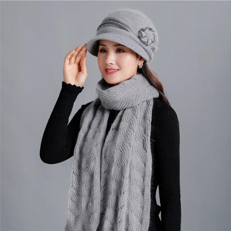 New Winter Women Rabbit Fur Hat Scarf Set Lady Warm Wool Knitted Plush Hat Scarf Crochet Sets Beanie Mother Caps Scarf Shawl Gif